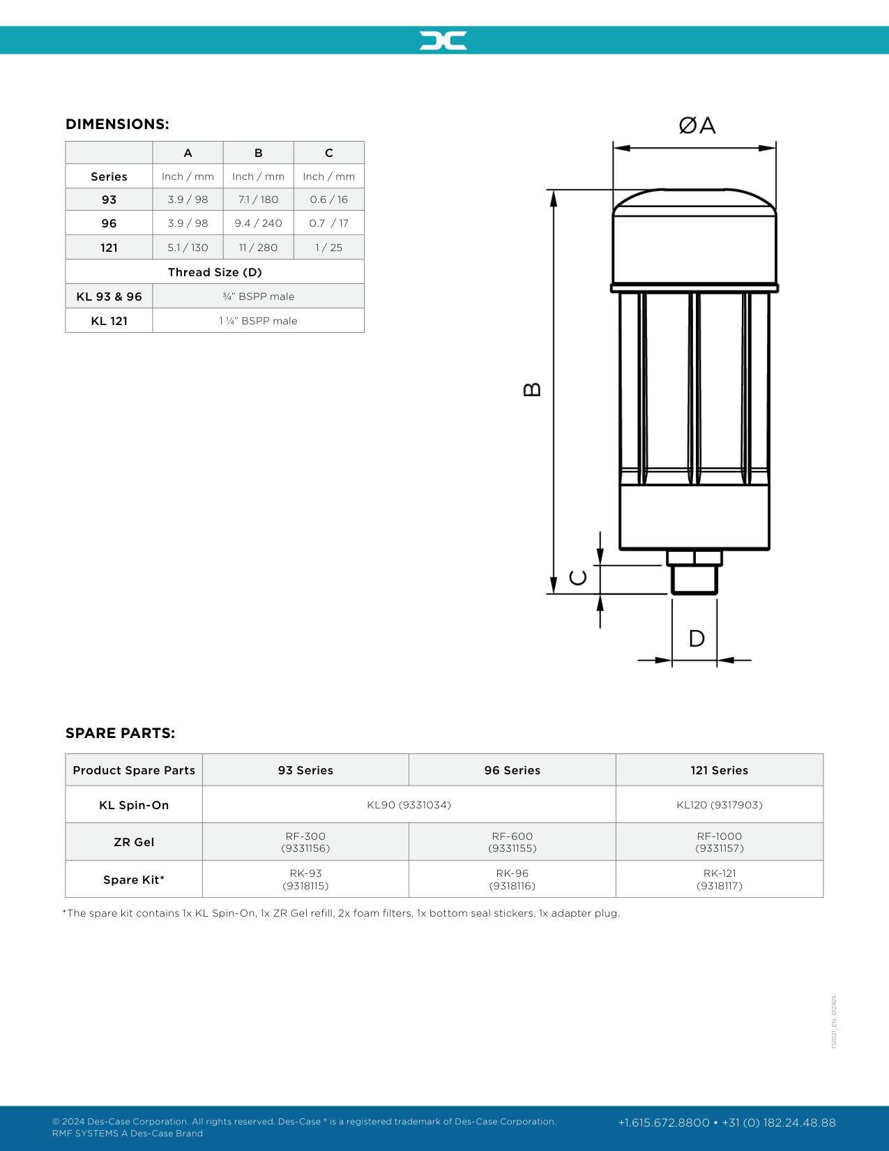 Diagrama de dimensiones del respiradero de tubo vertical de acero Serie KL Des-Case