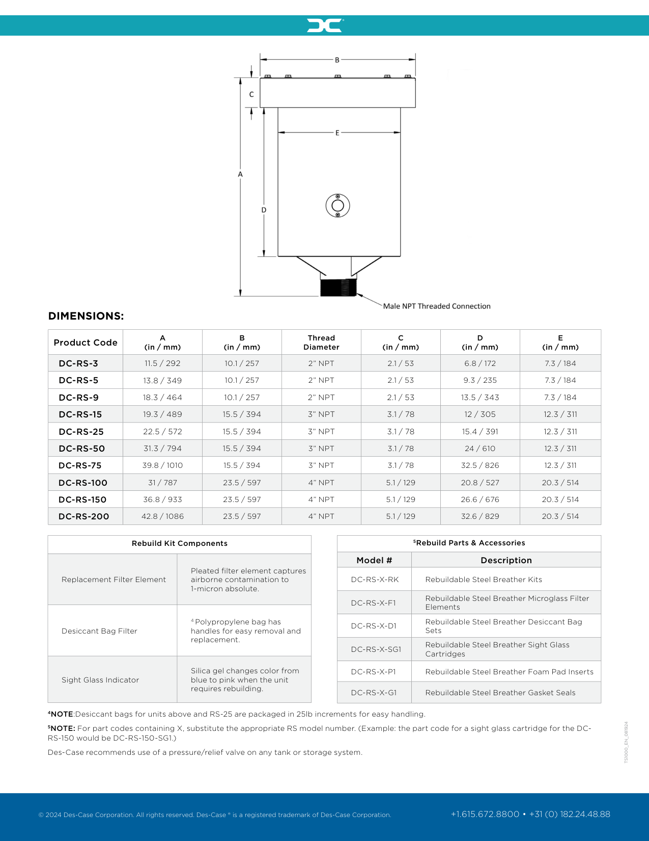 Diagrama de dimensiones del Respiradero de Acero Reconstruible Des-Case serie DC-RS