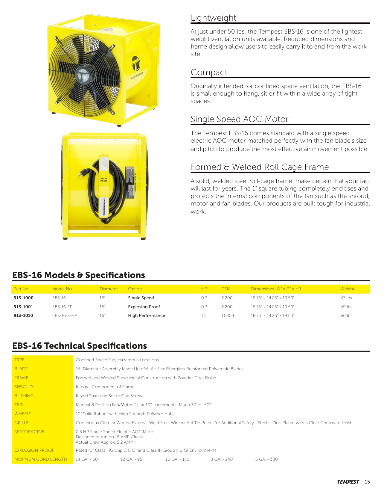 Tempest EBS-16 specifications and dimensions
