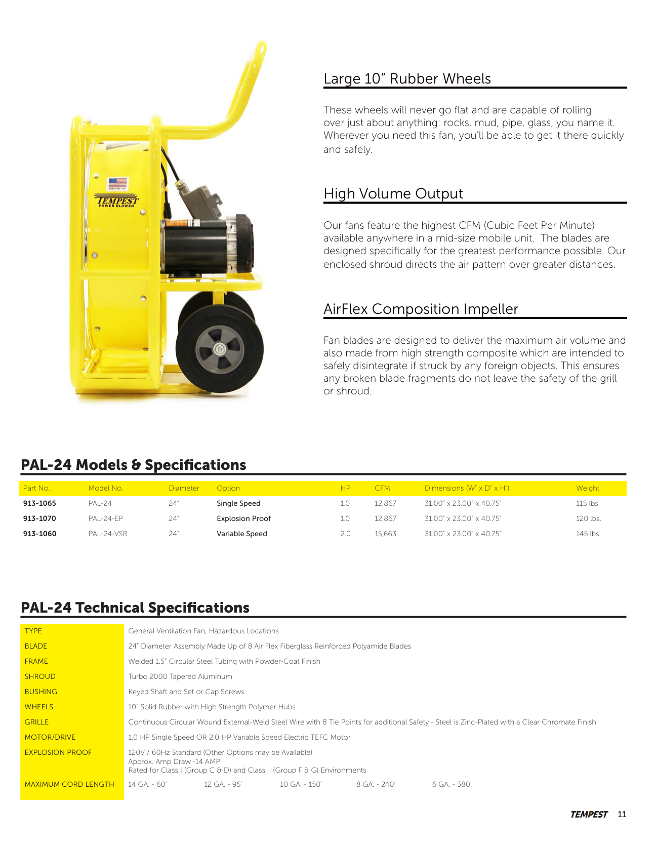 Tempest PAL-24 specifications and dimensions