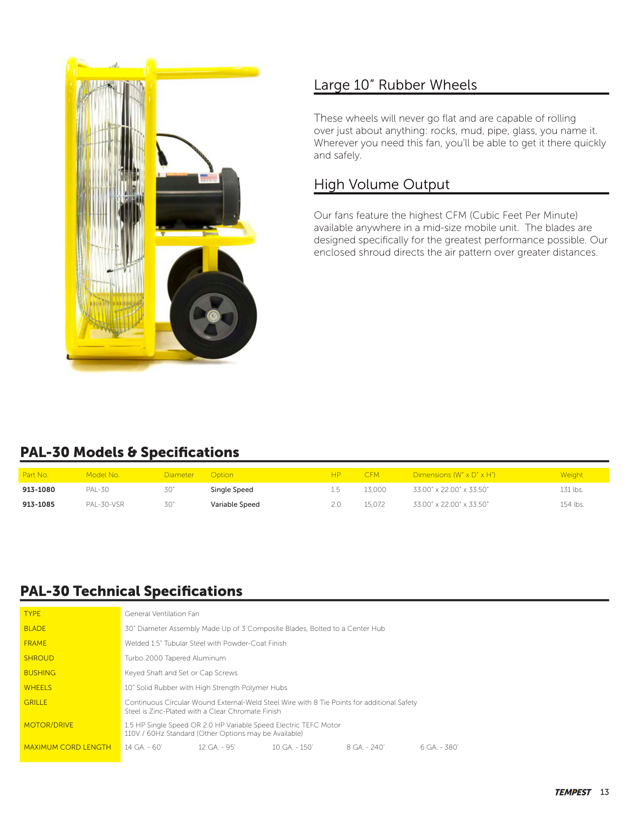 Tempest PAL-30 specifications and dimensions