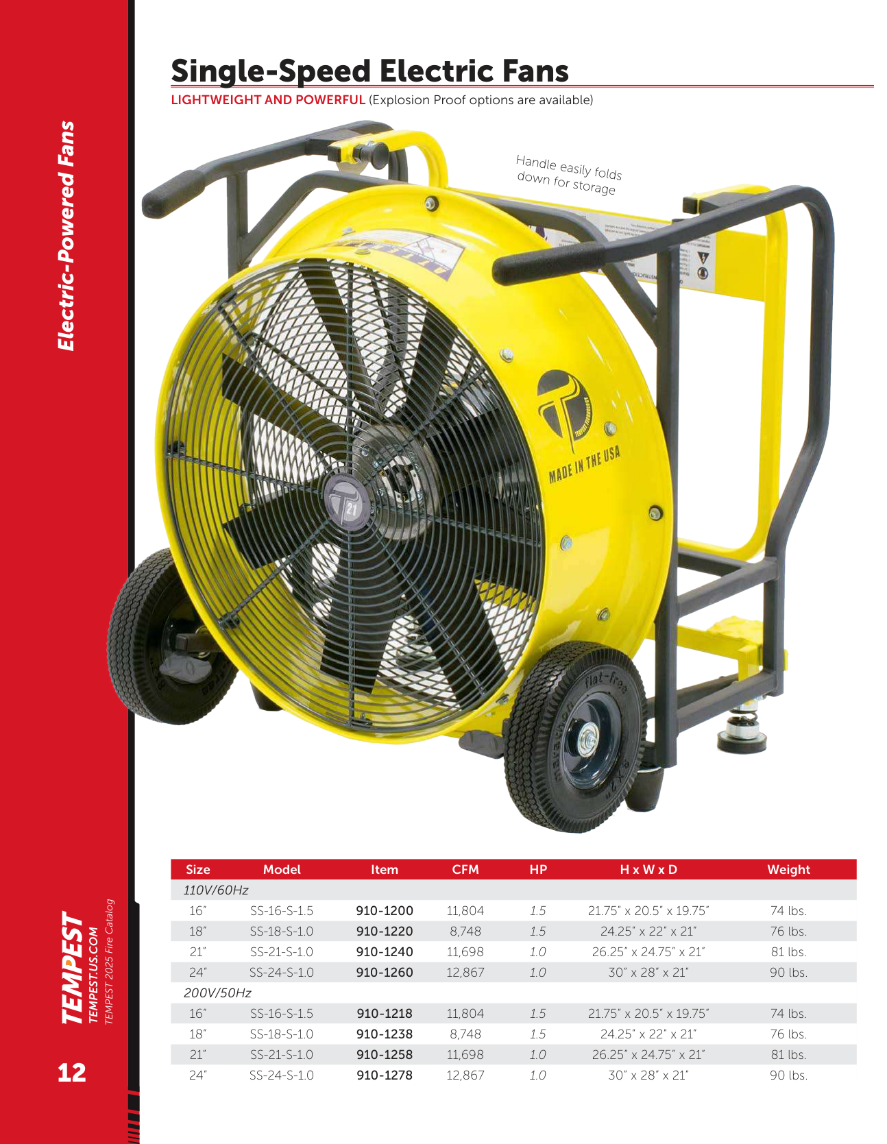 Tempest single speed electric fan specifications