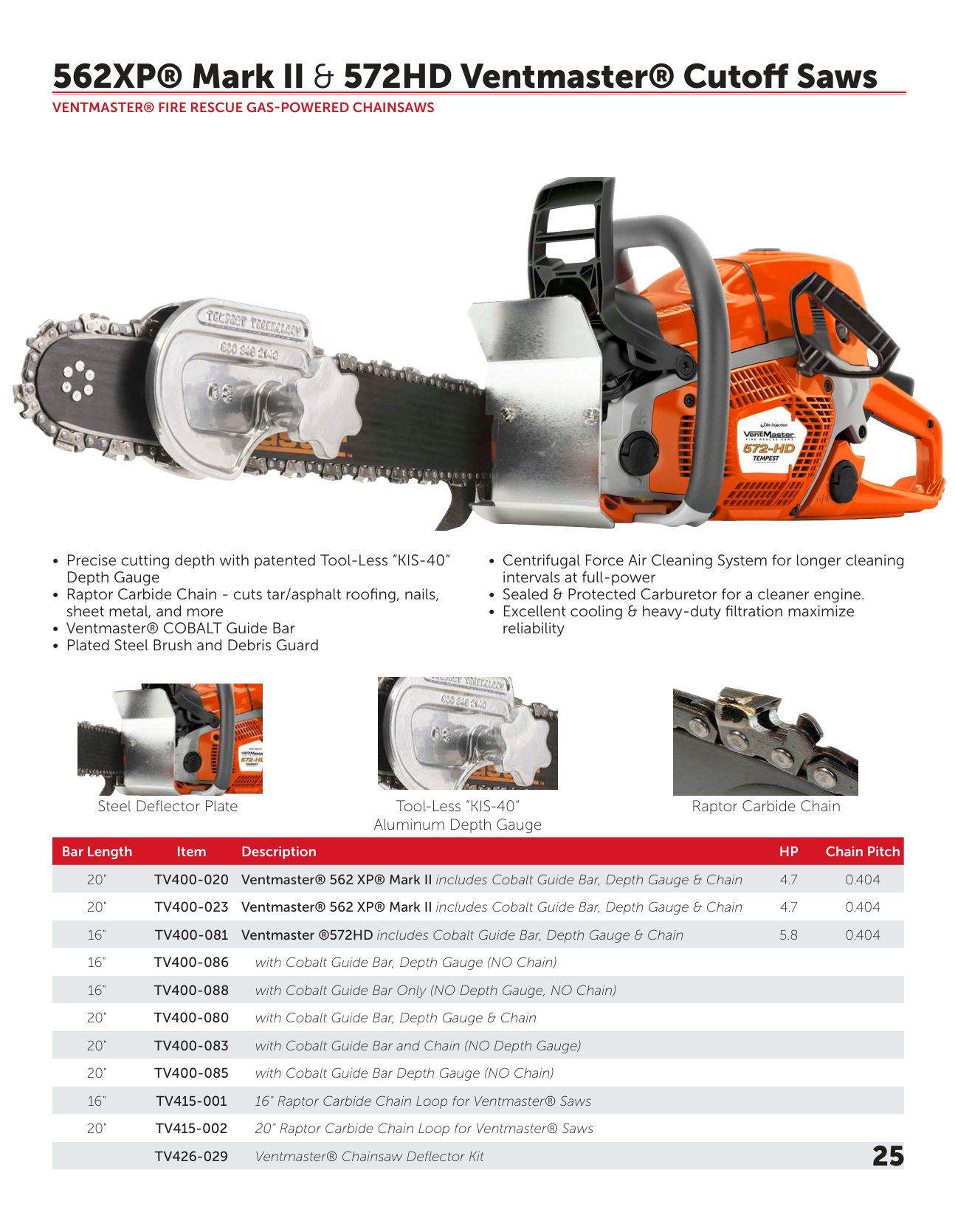 Información de pedidos Tempest VentMaster 562 XP y 572HD con especificaciones técnicas y números de modelo